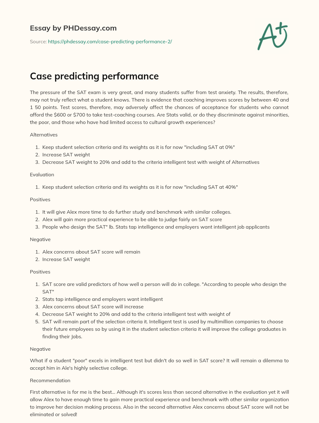 Case predicting performance essay