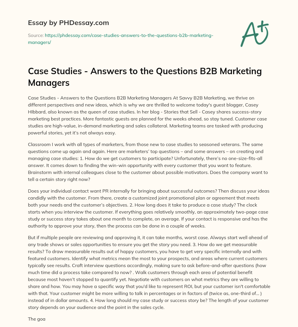 Case Studies – Answers to the Questions B2B Marketing Managers essay