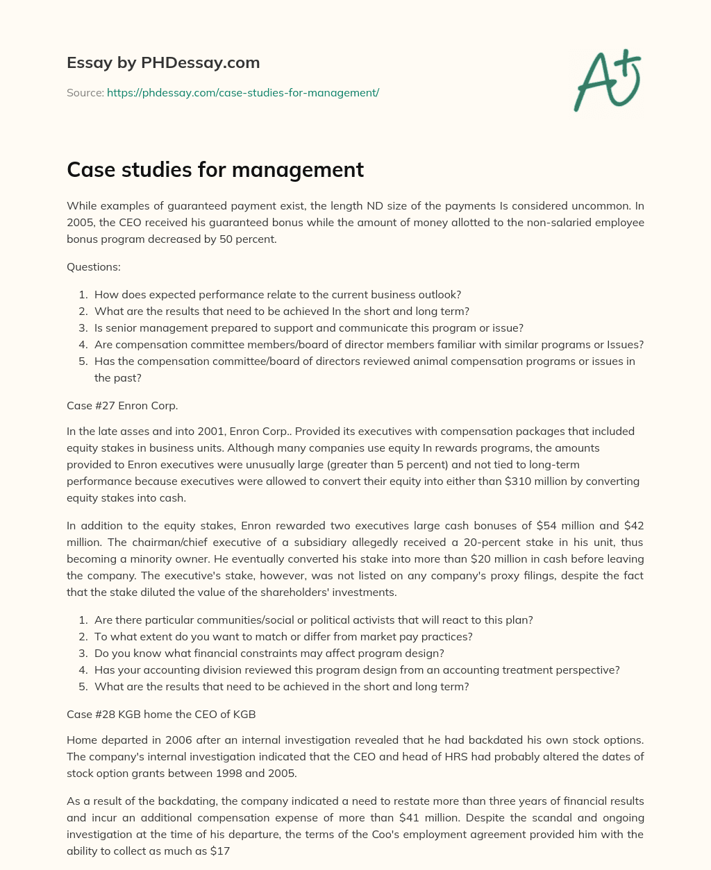 Case studies for management essay