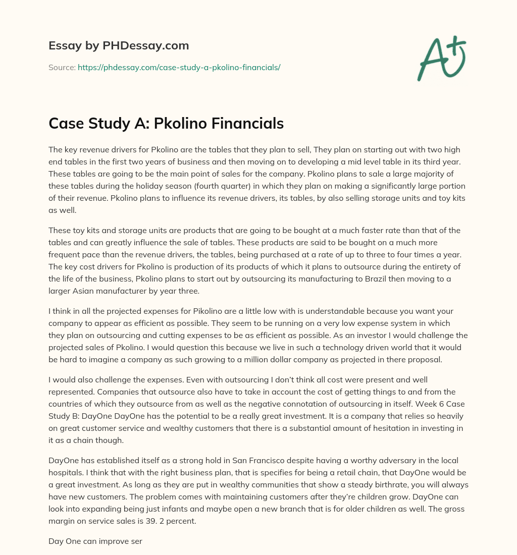 Case Study A: Pkolino Financials essay