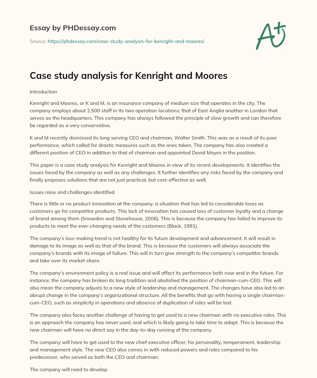 Case study analysis for Kenright and Moores essay