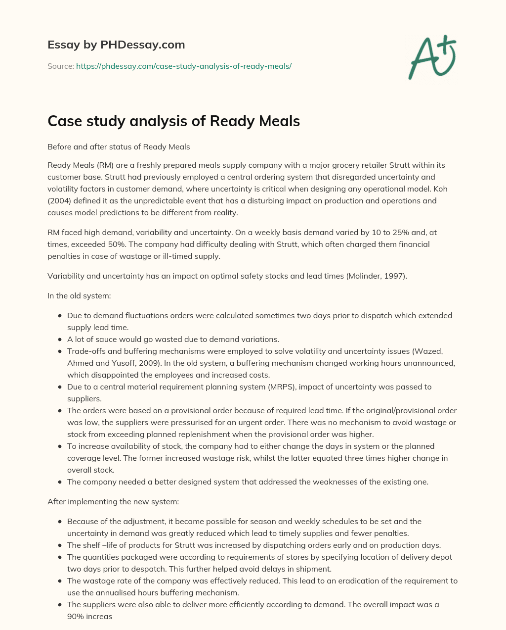 Case study analysis of Ready Meals essay