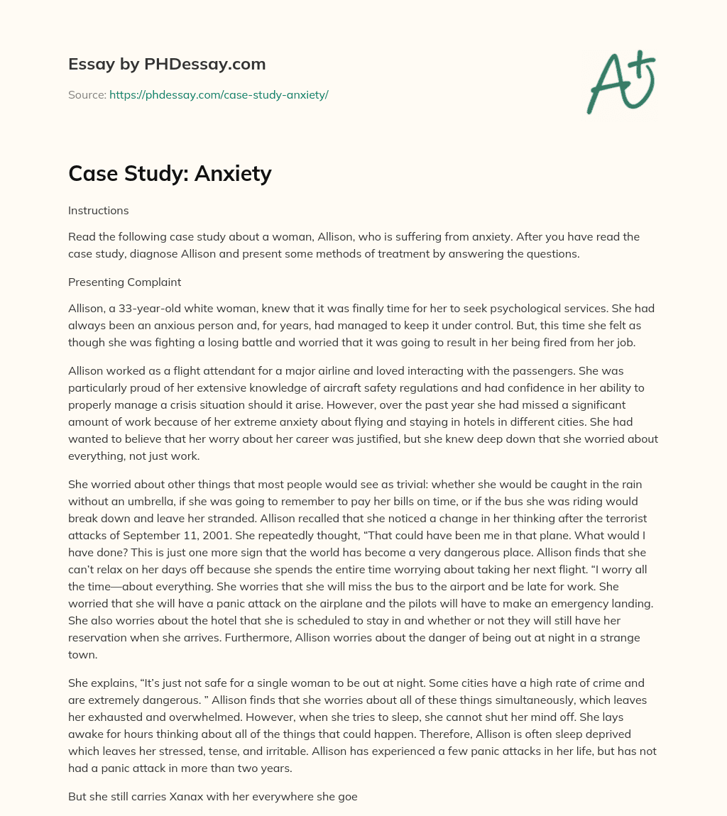Case Study: Anxiety - PHDessay.com