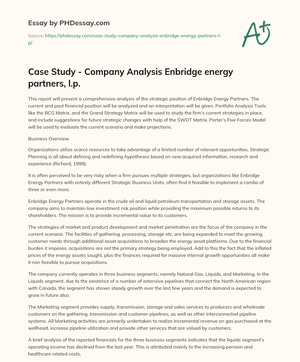 Case Study – Company Analysis  Enbridge energy partners, l.p. essay