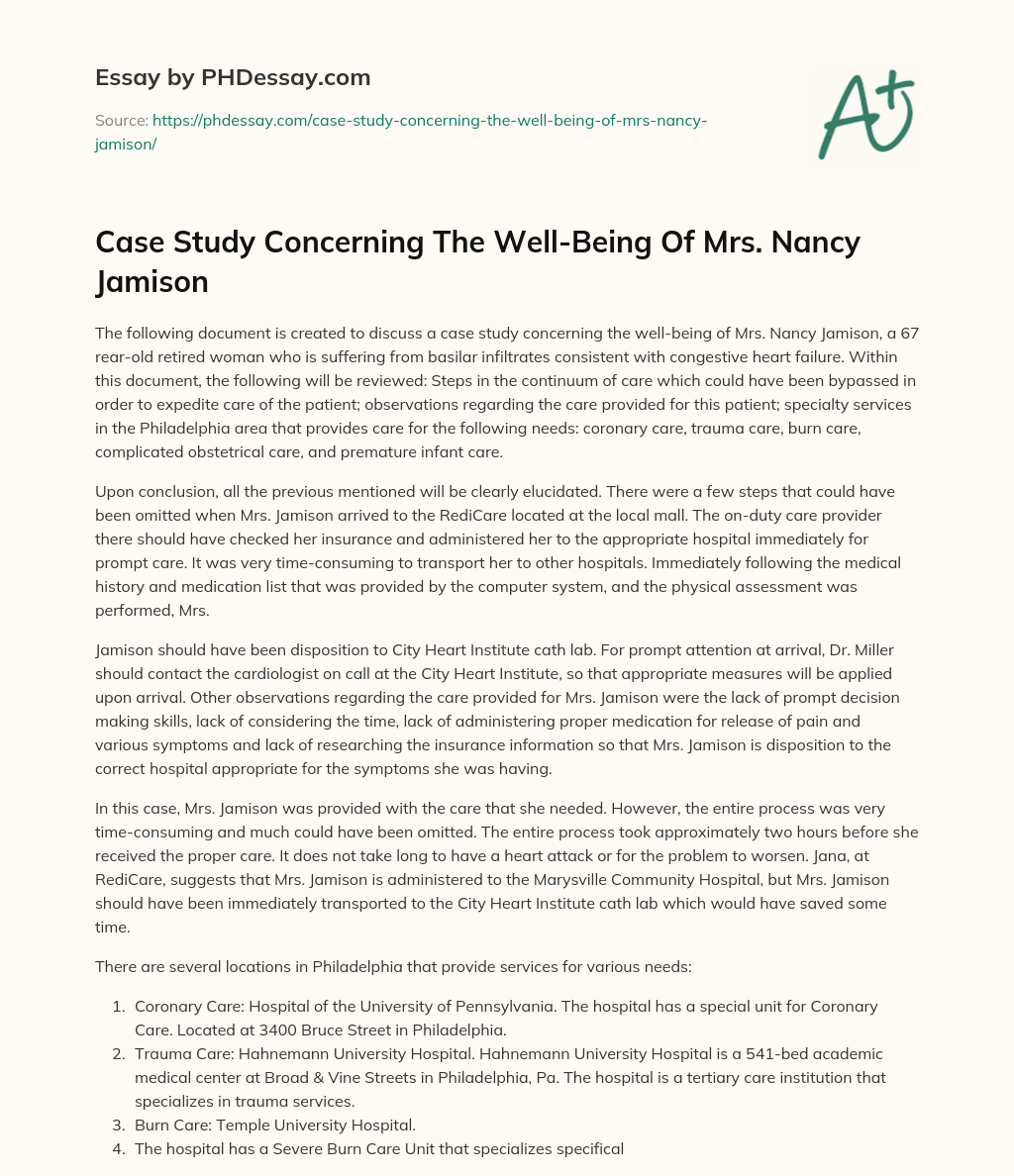Case Study Concerning The Well-Being Of Mrs. Nancy Jamison essay