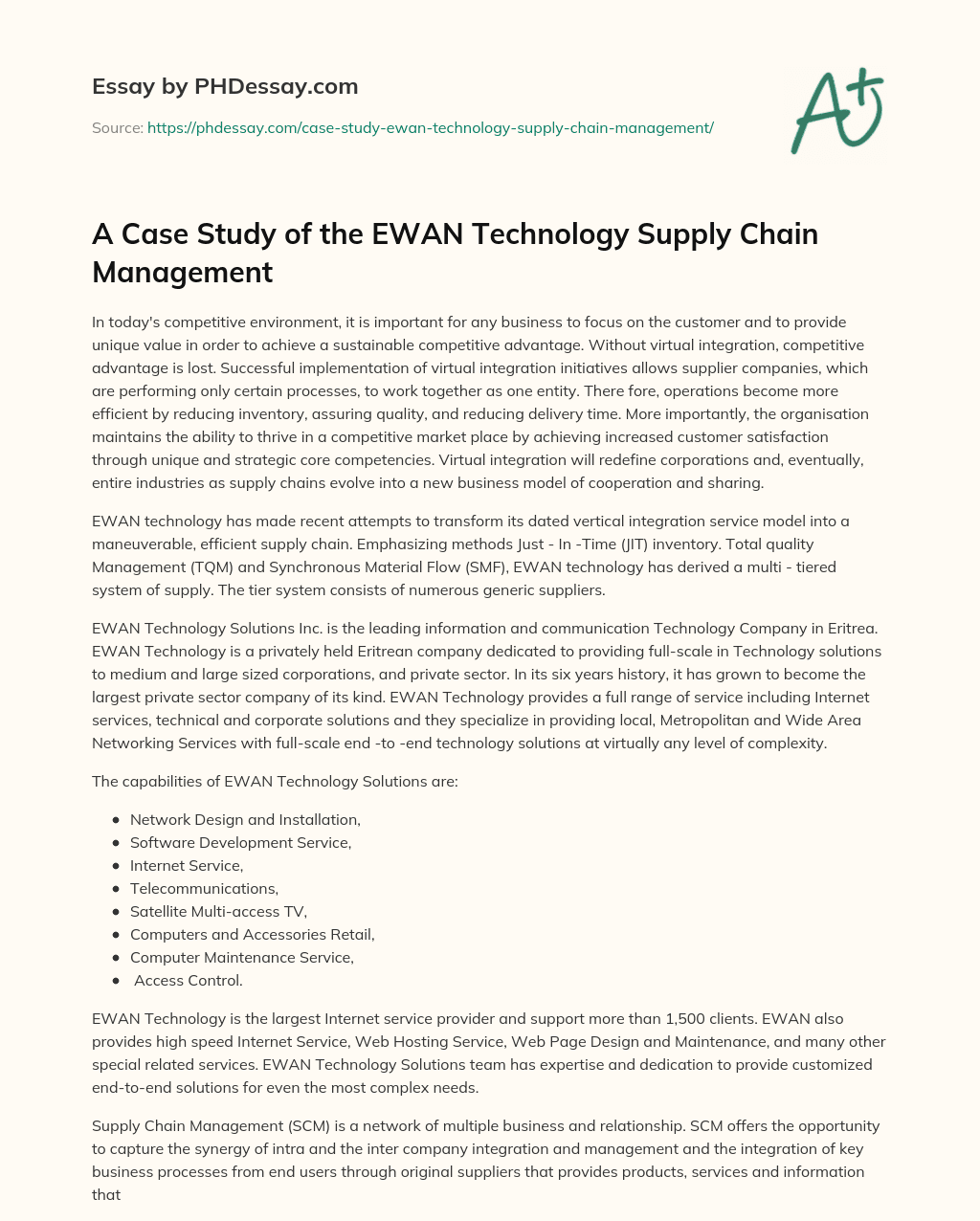 A Case Study of the EWAN Technology Supply Chain Management essay