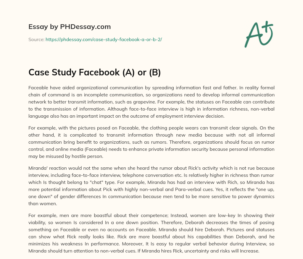 Case Study Facebook (A)  or (B) essay