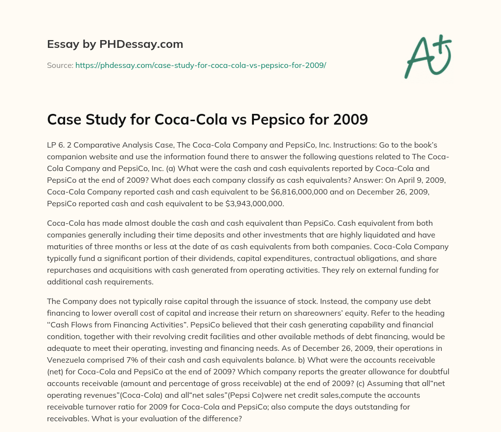 Case Study for Coca-Cola vs Pepsico for 2009 essay
