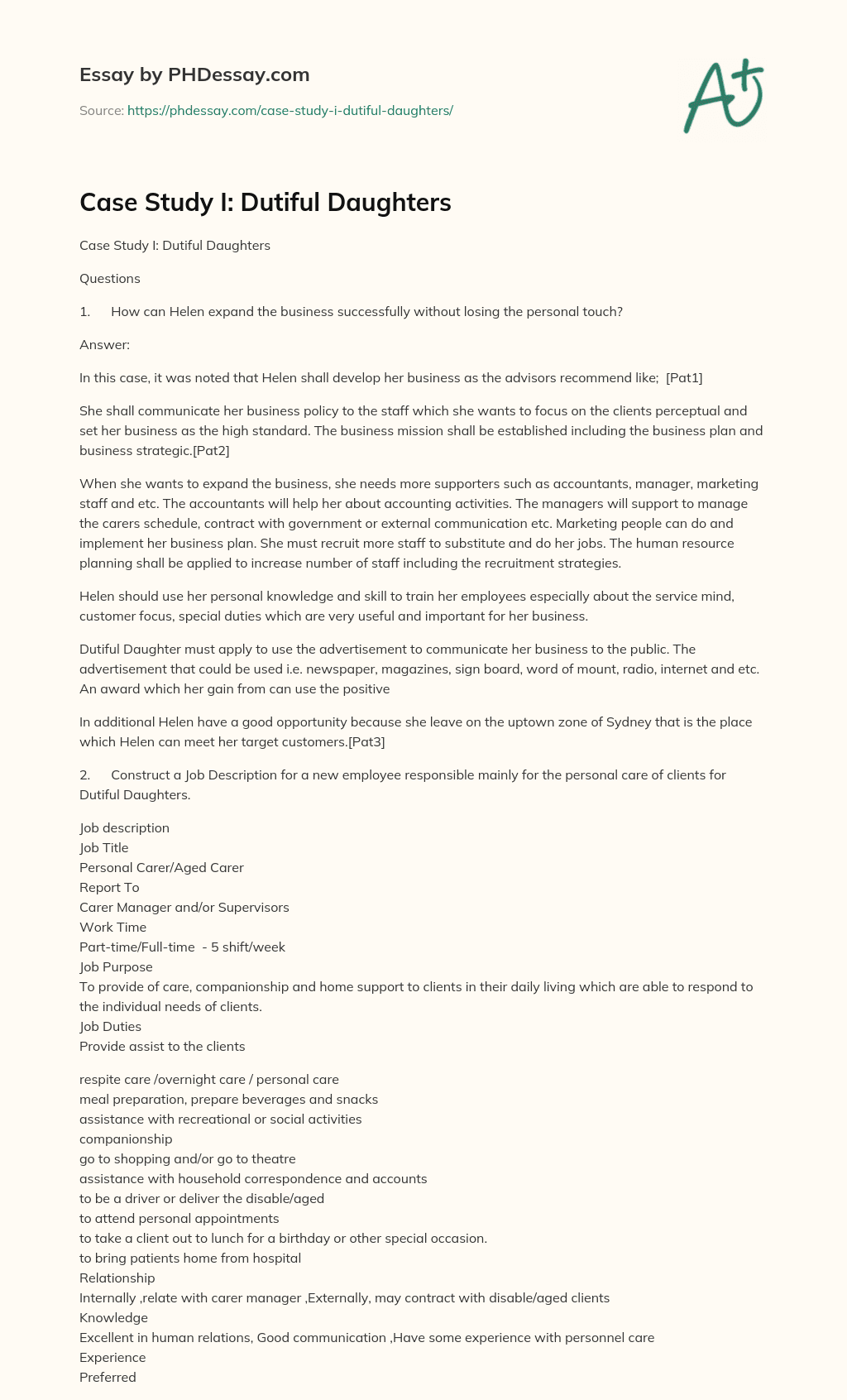 Case Study I: Dutiful Daughters essay
