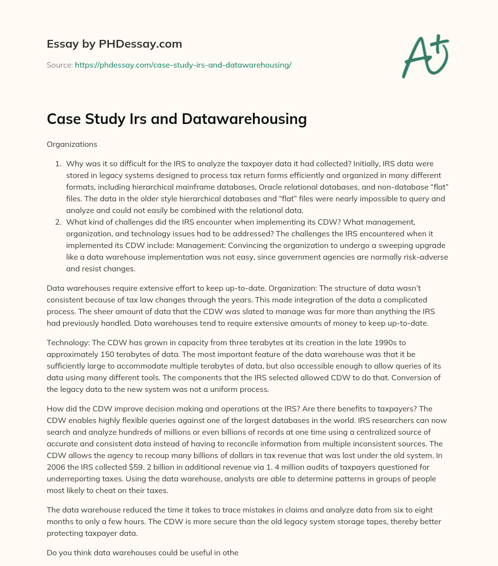 Case Study Irs and Datawarehousing essay