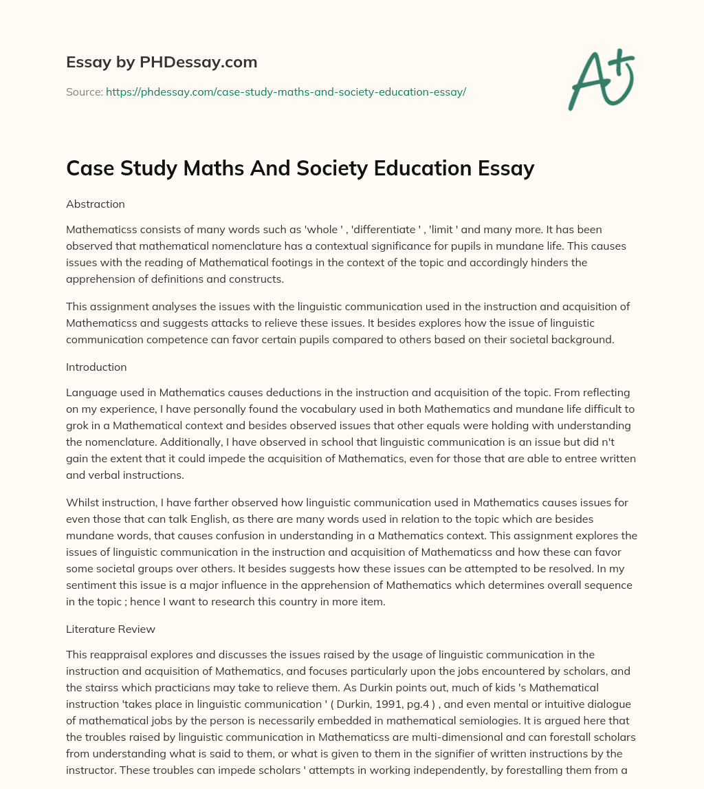 Case Study Maths And Society Education Essay essay