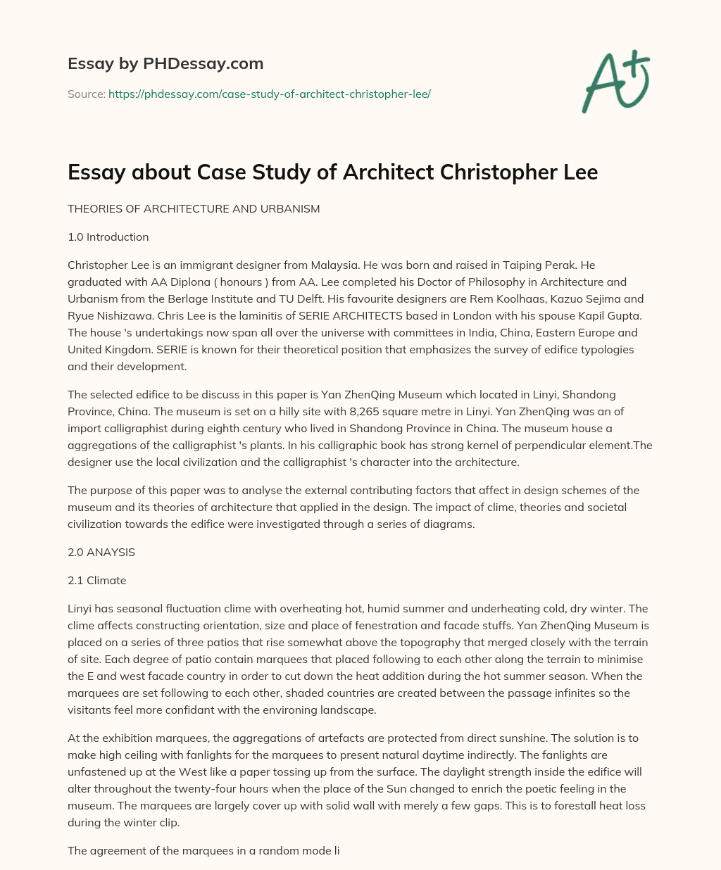 Essay about Case Study of Architect Christopher Lee essay