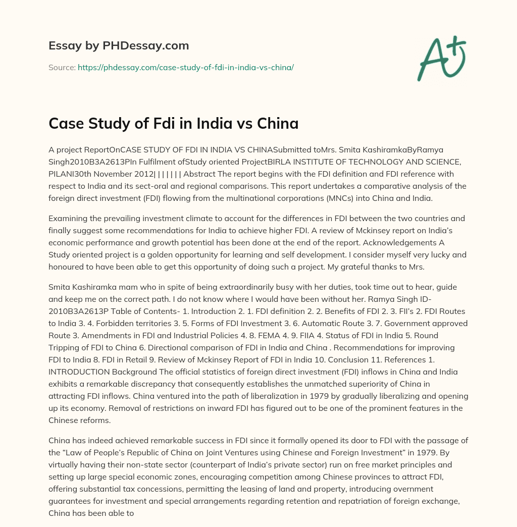 Case Study of Fdi in India vs China essay
