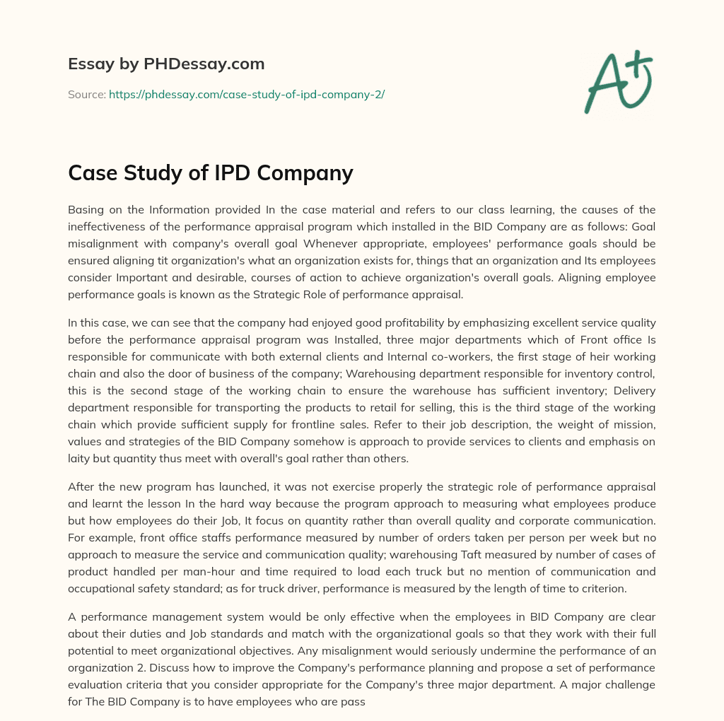 Case Study of IPD Company essay