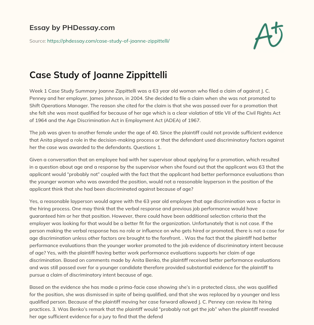 Case Study of Joanne Zippittelli essay