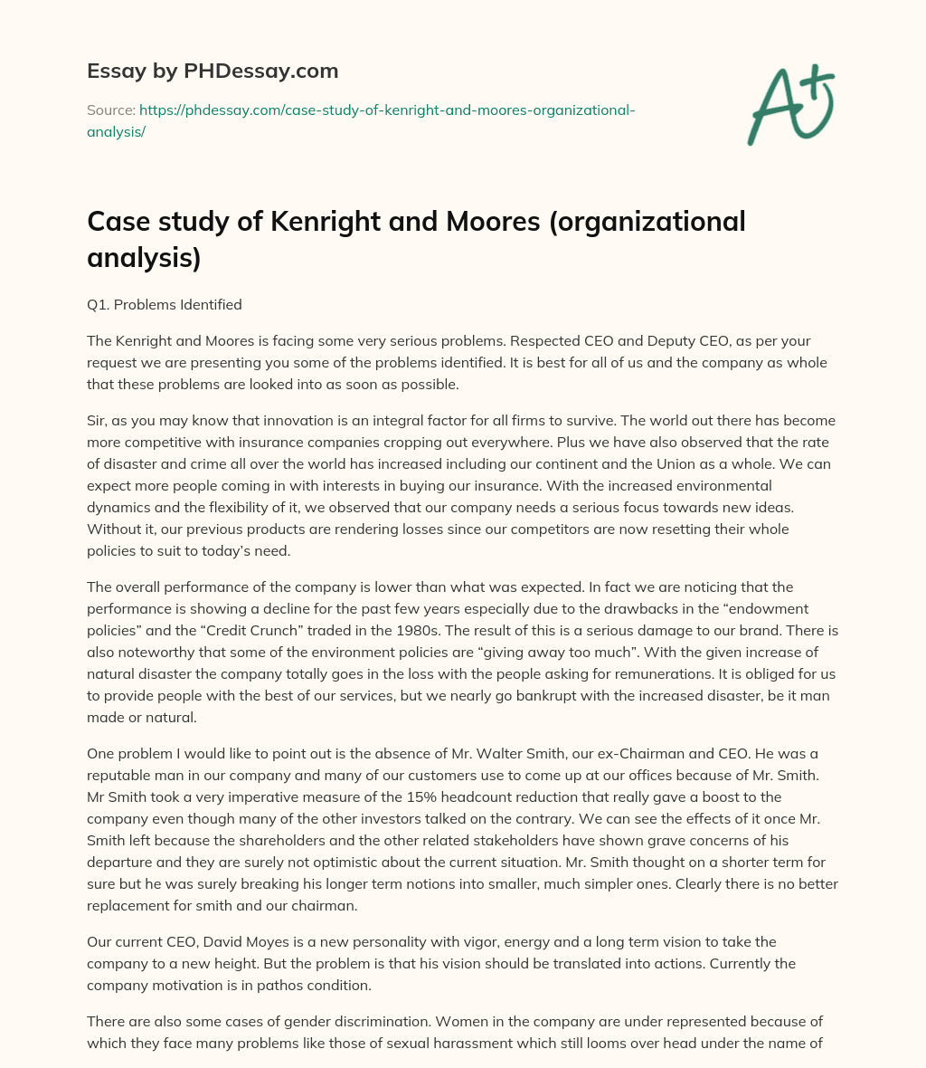 Case study of Kenright and Moores (organizational analysis) essay
