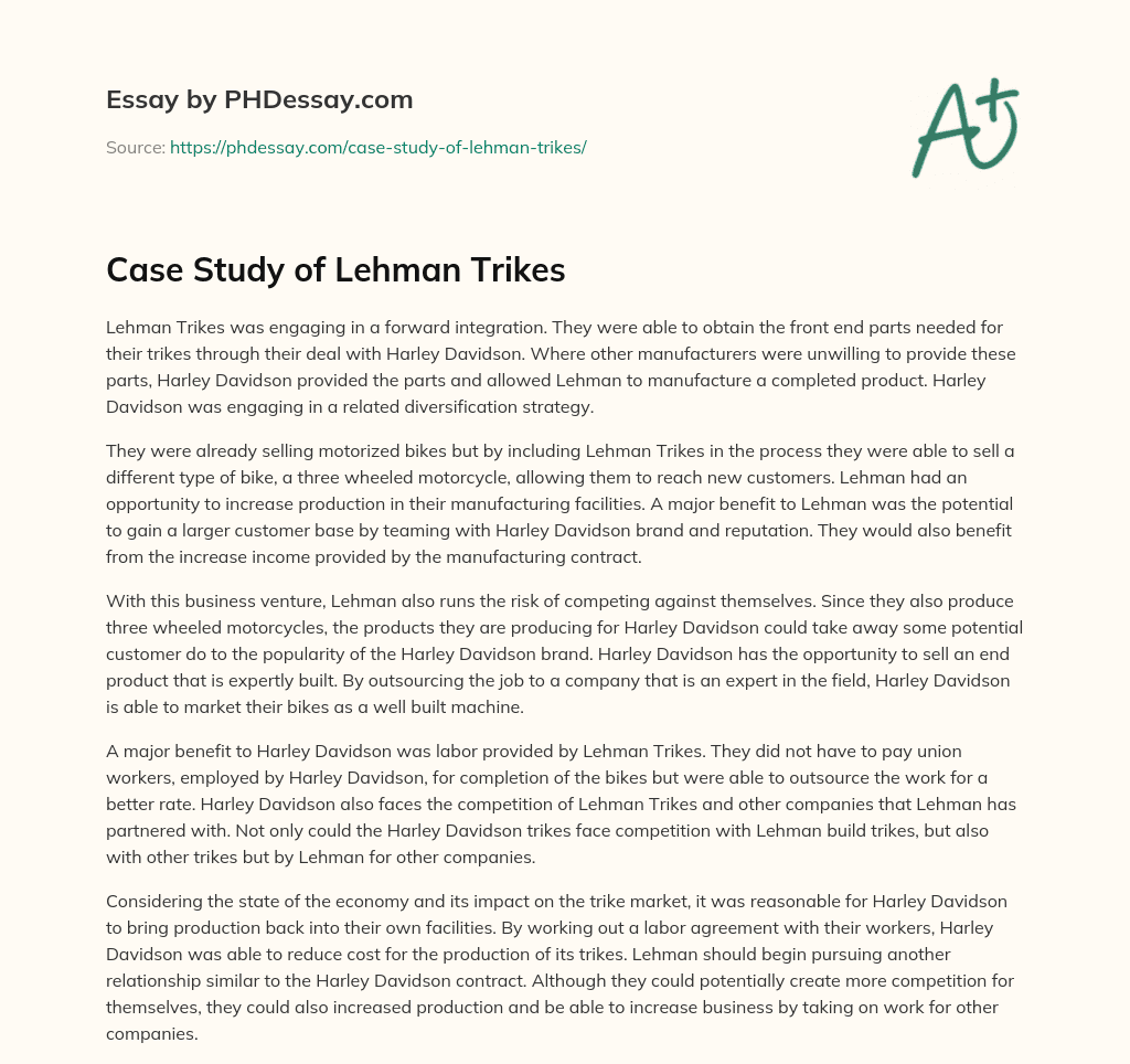 Case Study of Lehman Trikes essay
