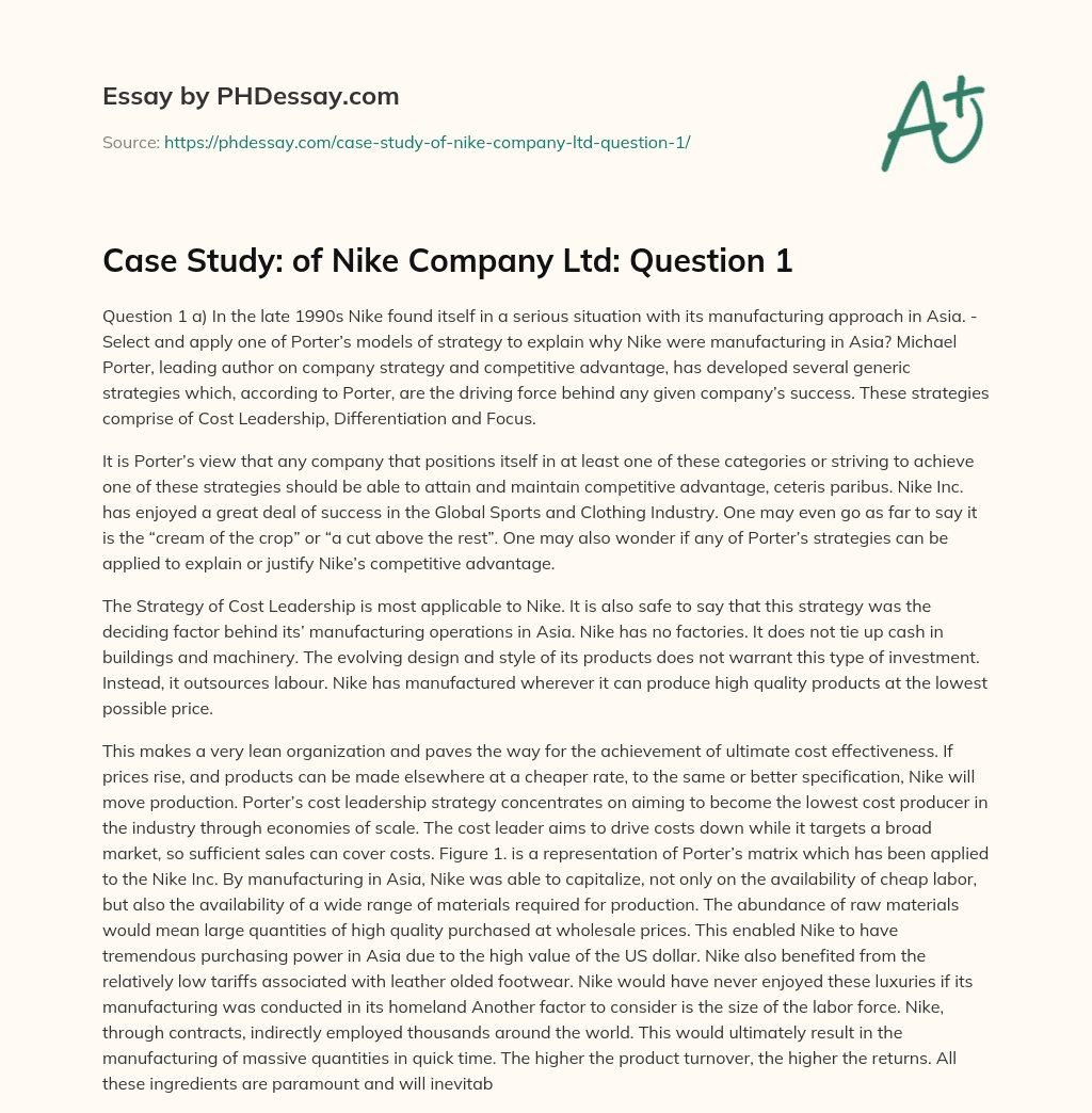 Case Study: of Nike Company Ltd: Question 1 essay