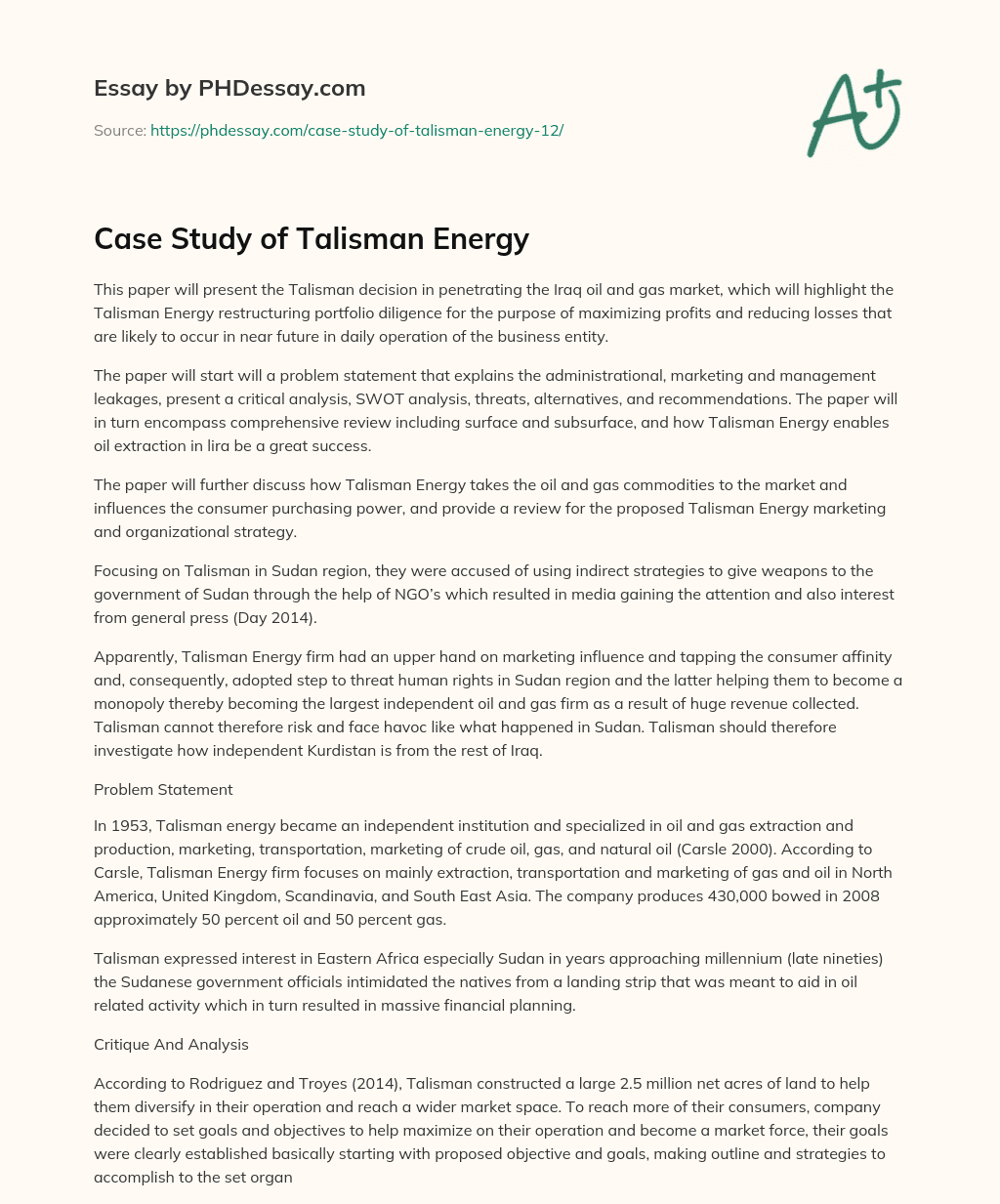 Case Study of Talisman Energy essay