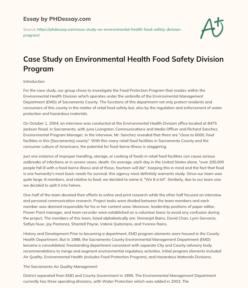 Case Study on Environmental Health Food Safety Division Program essay