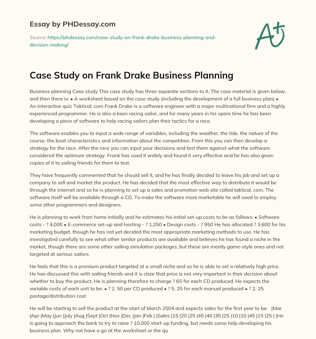 Case Study on Frank Drake Business Planning essay