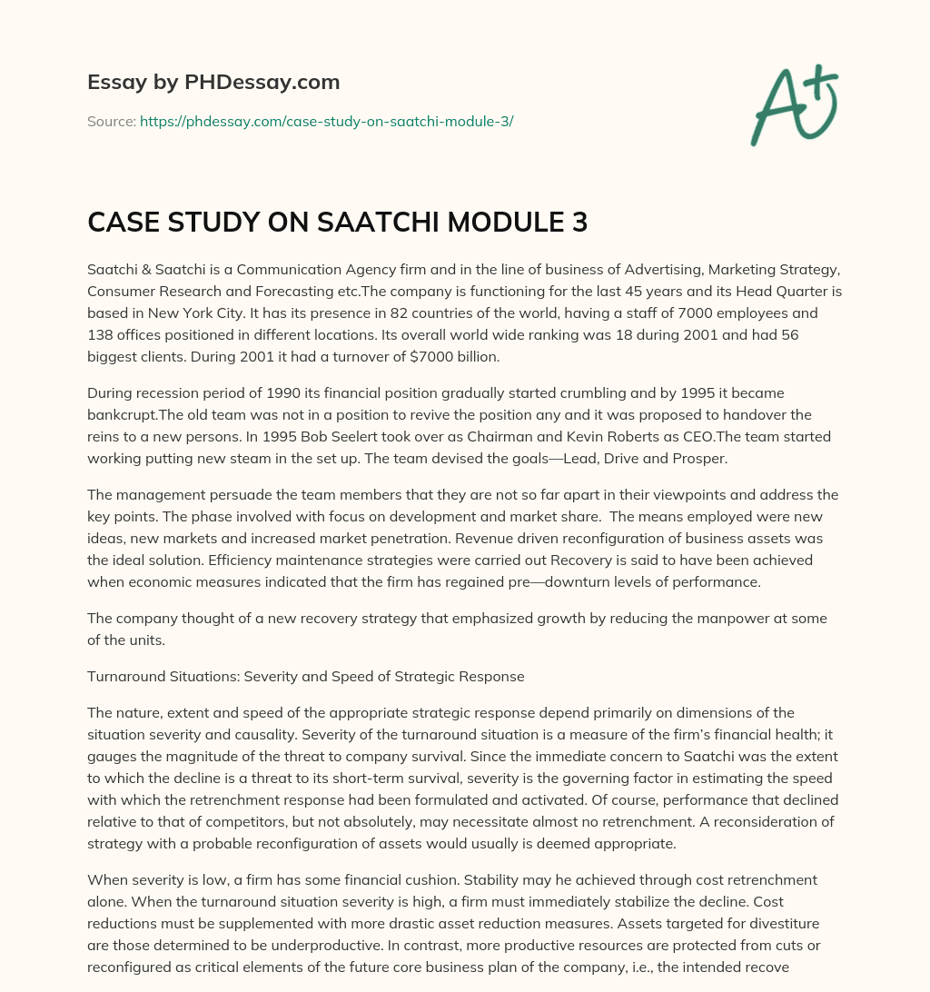 CASE STUDY ON SAATCHI MODULE 3 essay