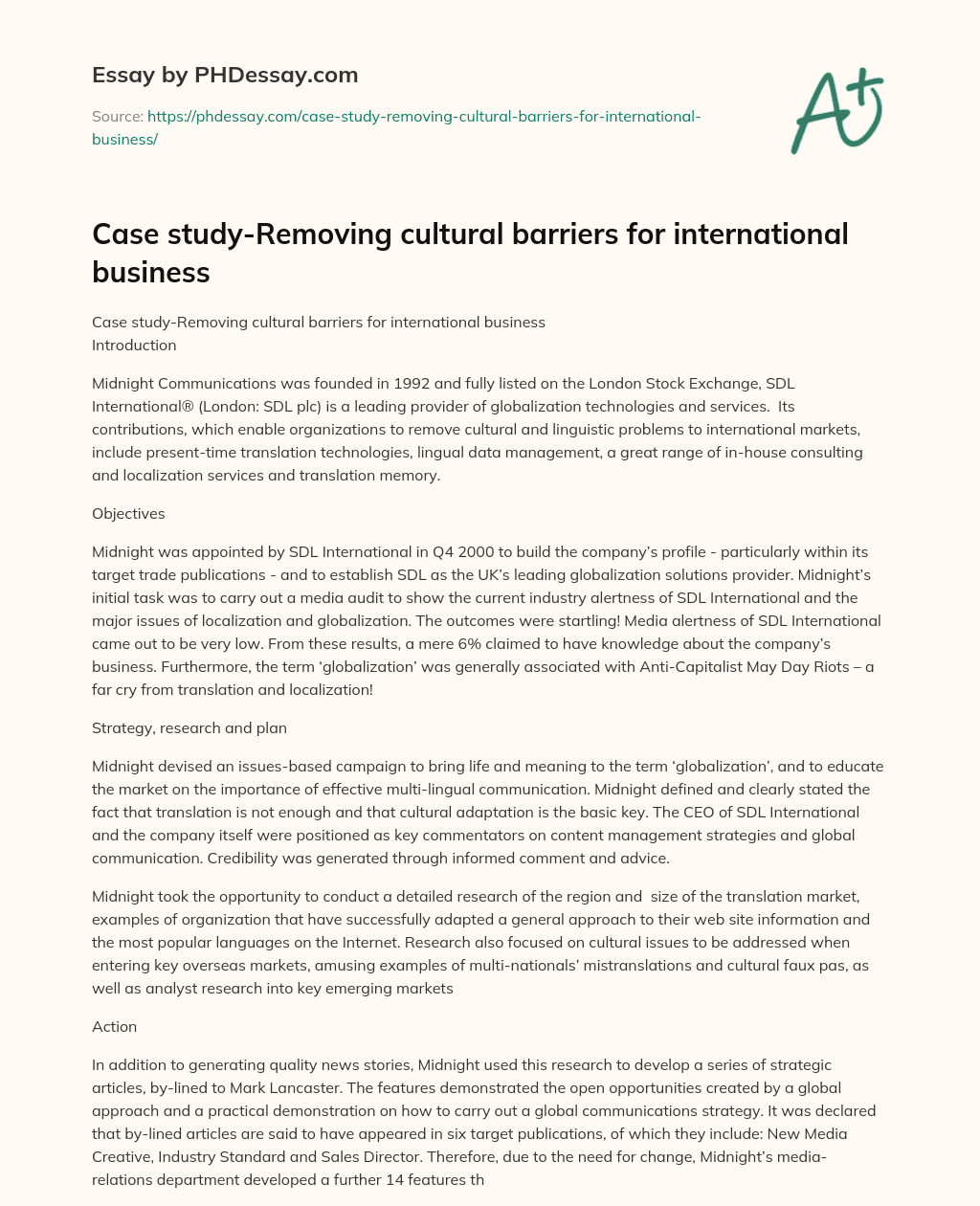 Case study-Removing cultural barriers for international business essay