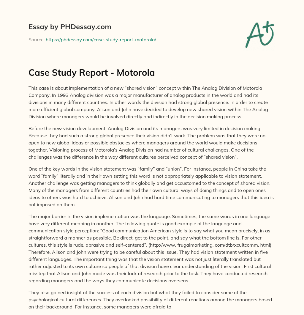 Case Study Report – Motorola essay
