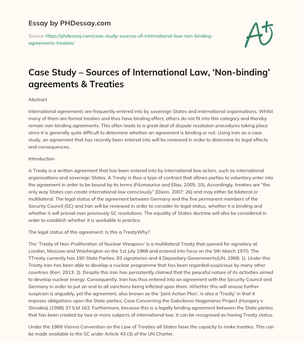 Case Study – Sources of International Law, 'Non-binding' agreements & Treaties essay