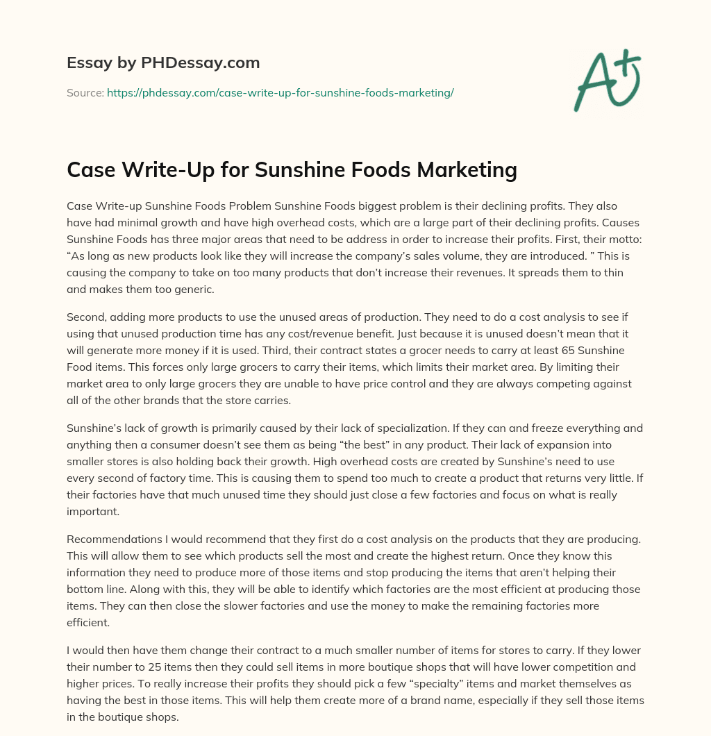 Case Write-Up for Sunshine Foods Marketing essay