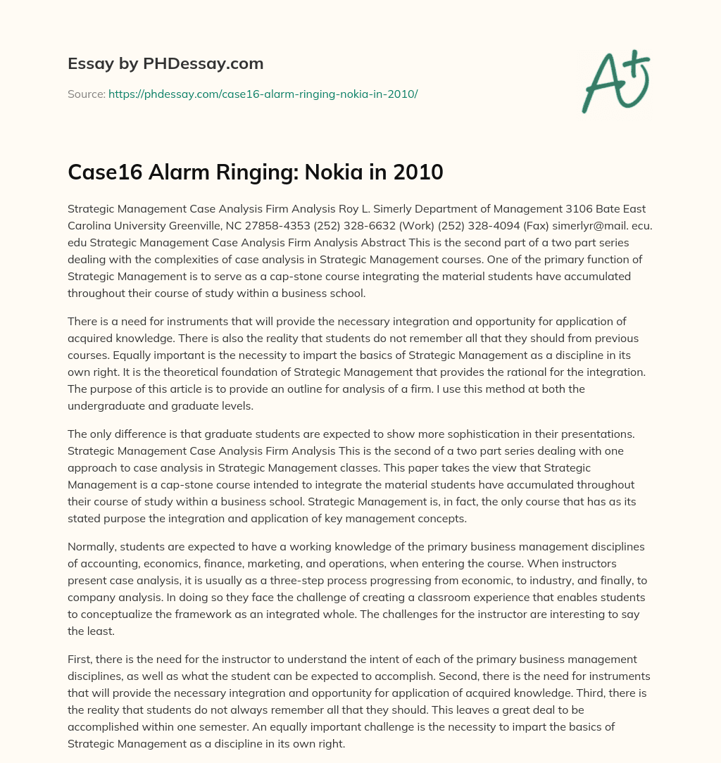 Case16 Alarm Ringing: Nokia in 2010 essay