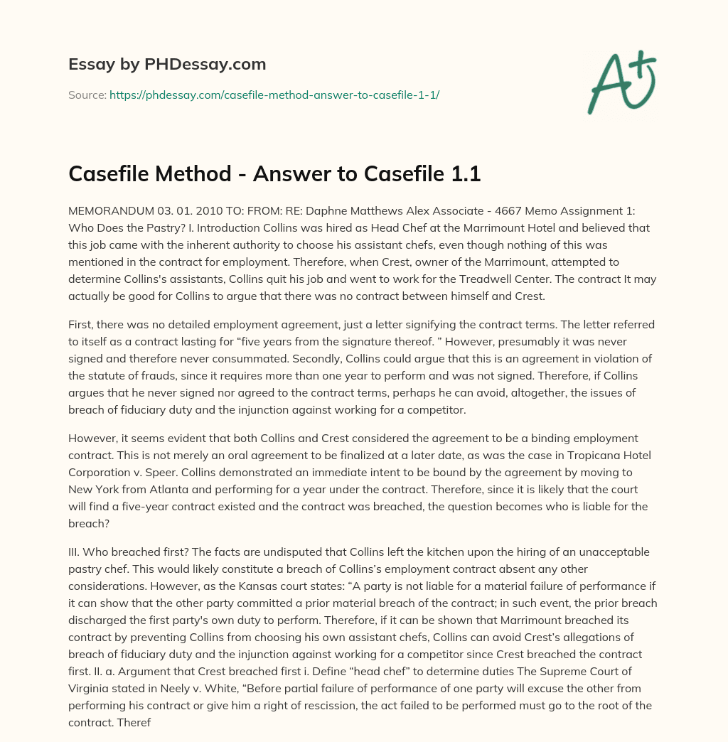 Casefile Method – Answer to Casefile 1.1 essay