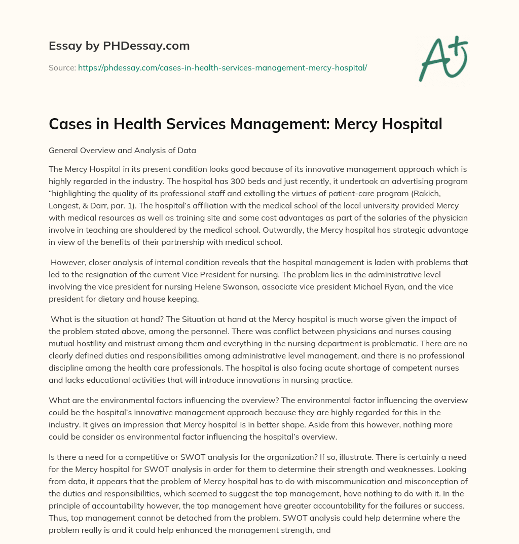 Cases in Health Services Management Mercy Hospital