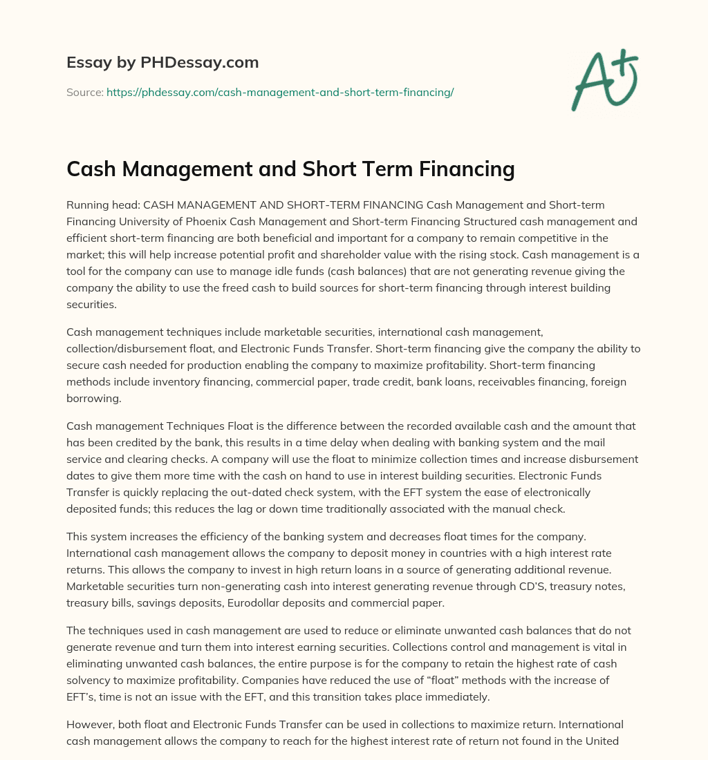 Cash Management and Short Term Financing essay