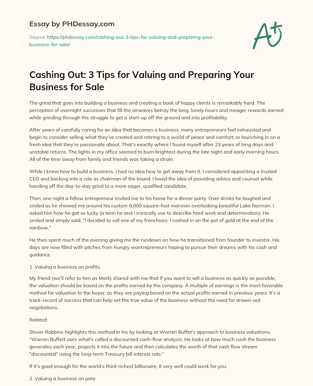 Cashing Out: 3 Tips for Valuing and Preparing Your Business for Sale essay