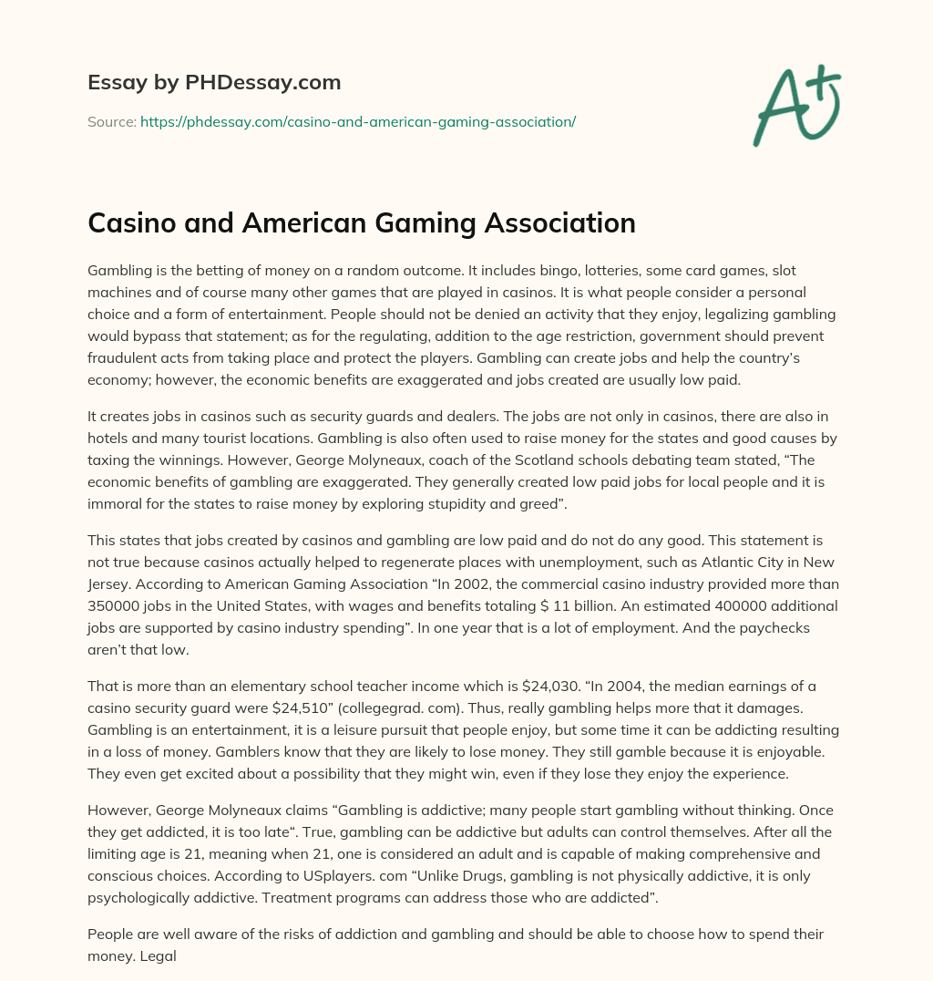 Casino and American Gaming Association essay