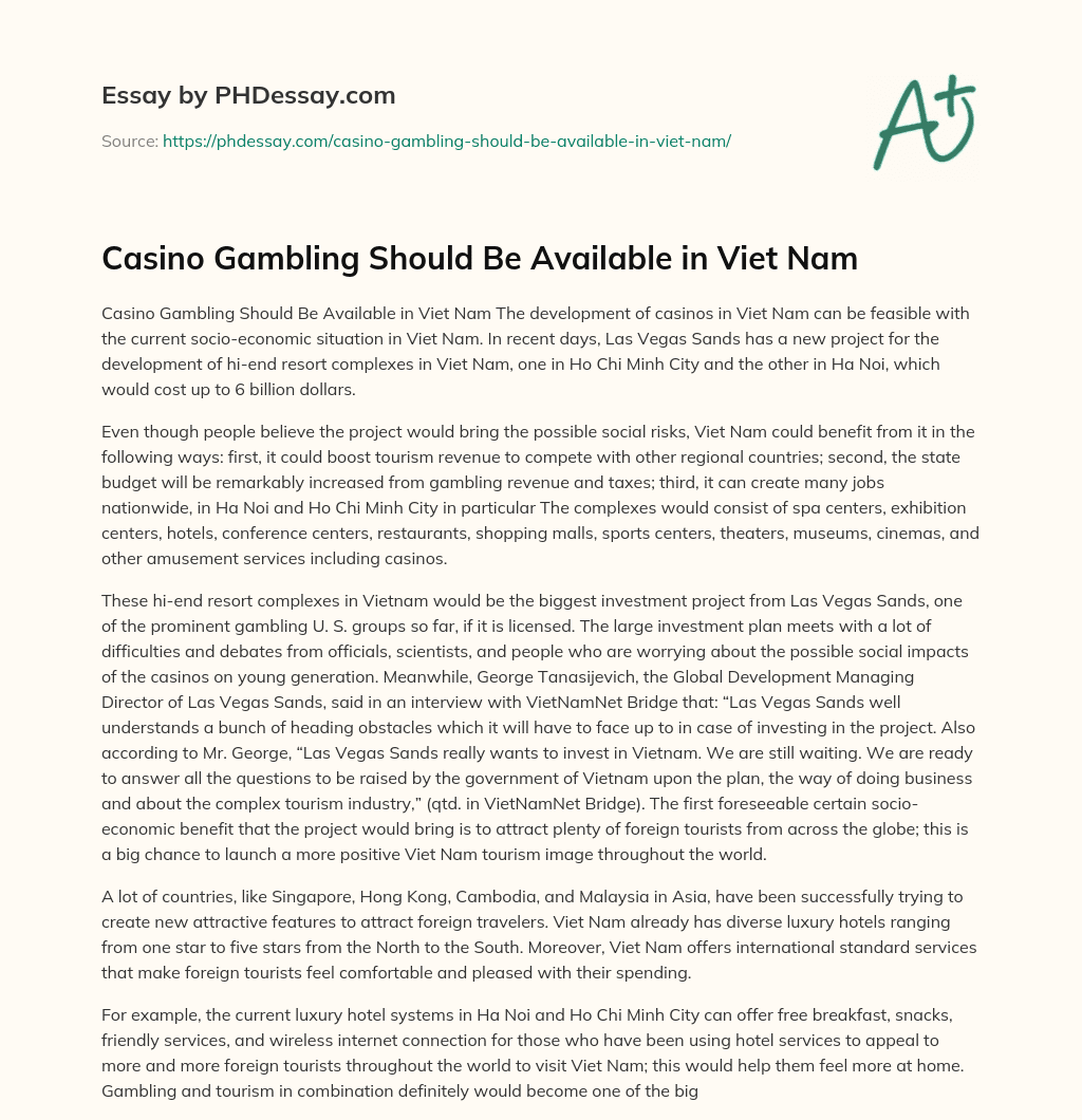 Casino Gambling Should Be Available in Viet Nam essay