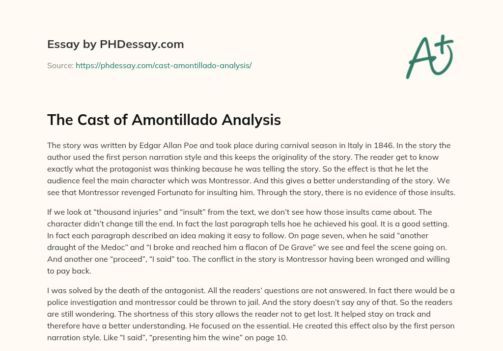 The Cast of Amontillado Analysis essay