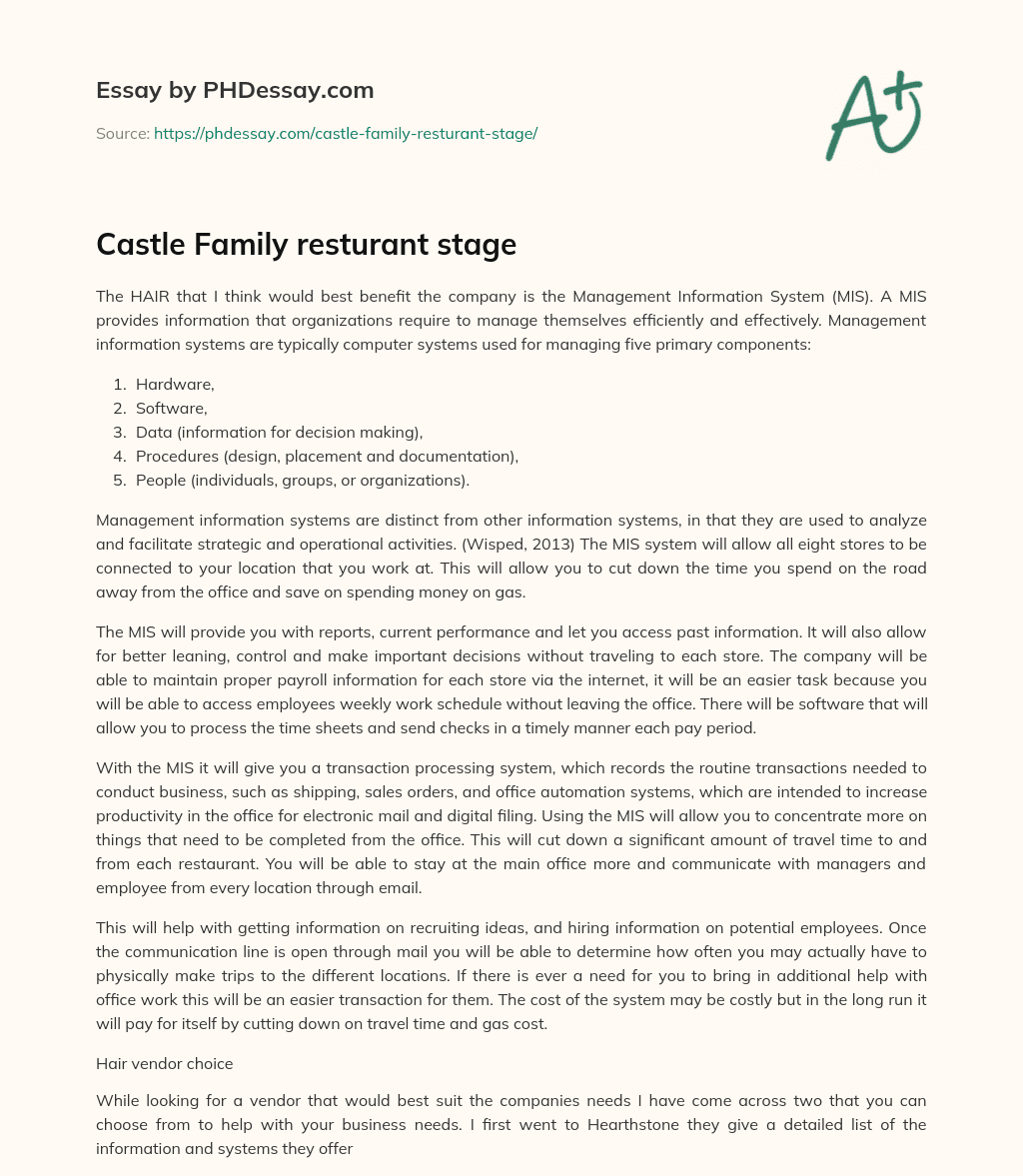 Castle Family resturant stage essay