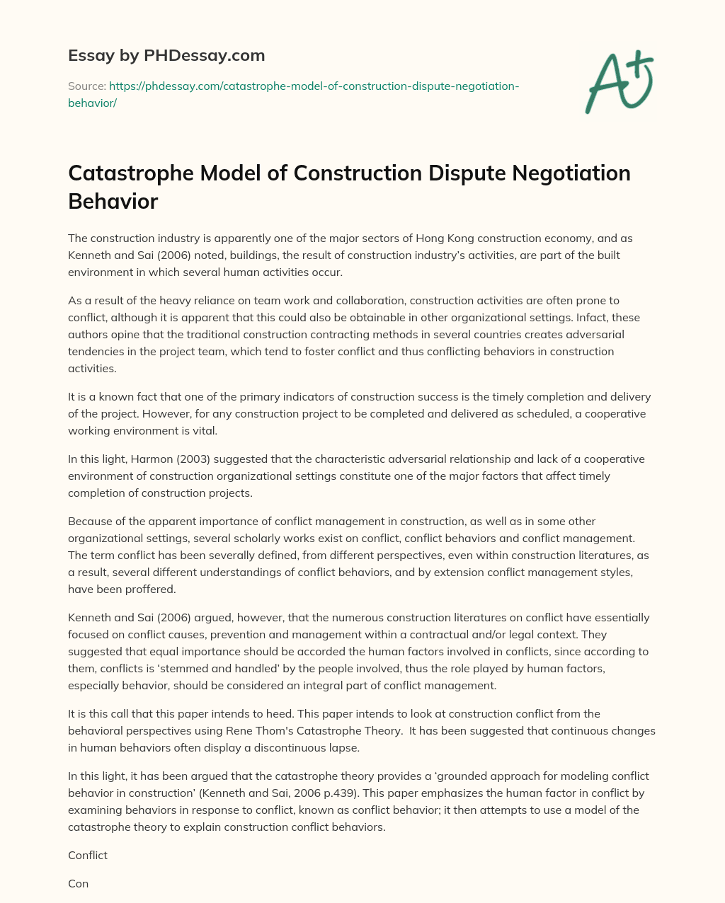 Catastrophe Model of Construction Dispute Negotiation Behavior essay
