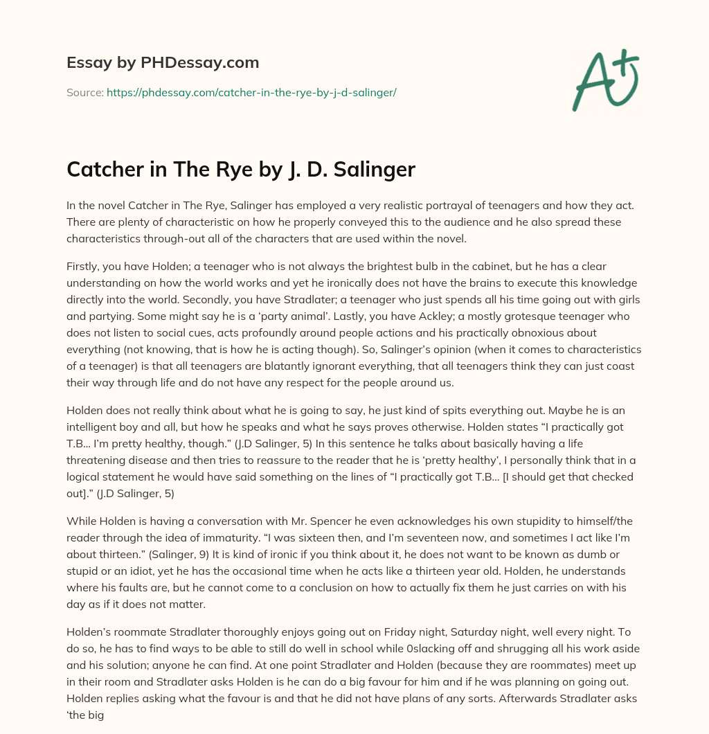 Catcher in The Rye by J. D. Salinger essay