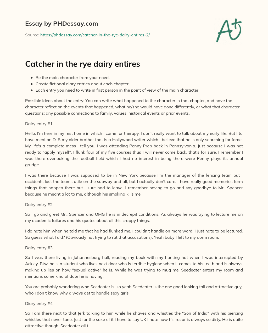 Catcher in the rye dairy entires essay