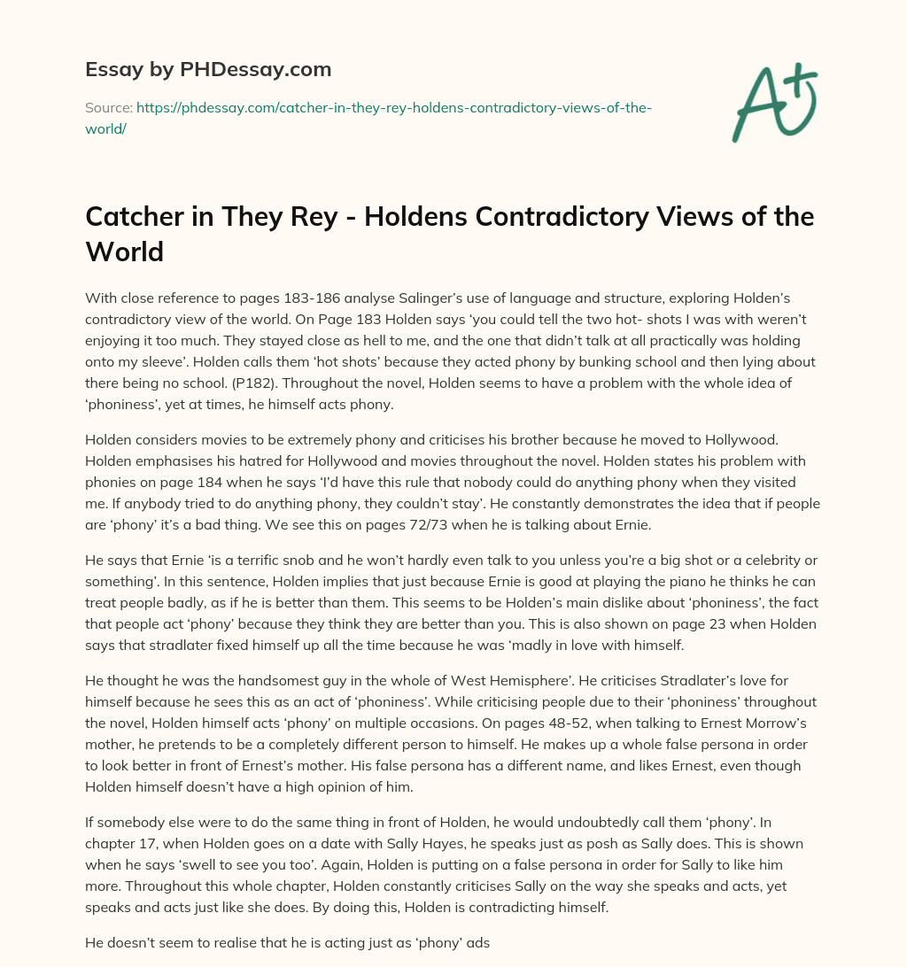 Catcher in They Rey – Holdens Contradictory Views of the World essay