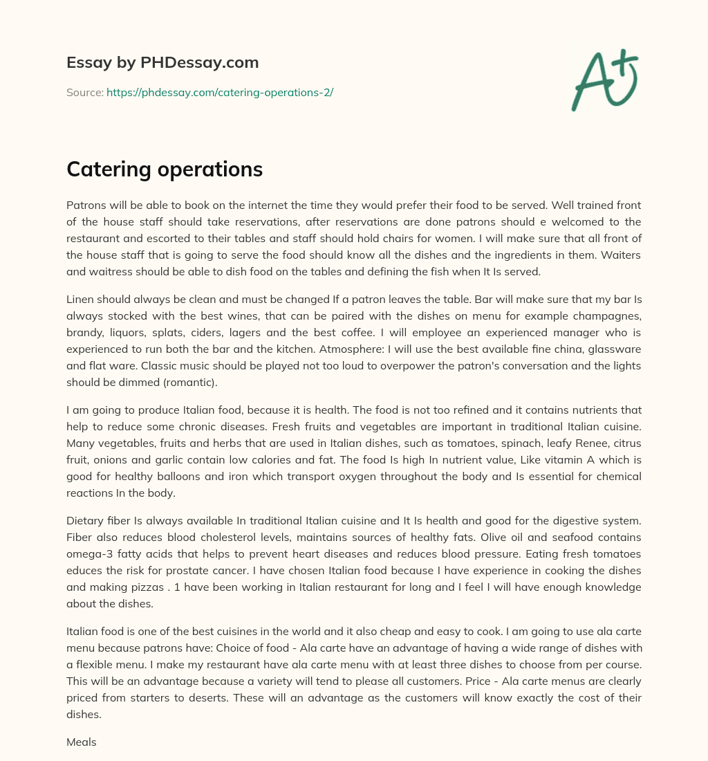 Catering operations essay