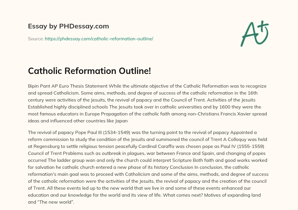 Catholic Reformation Outline! essay