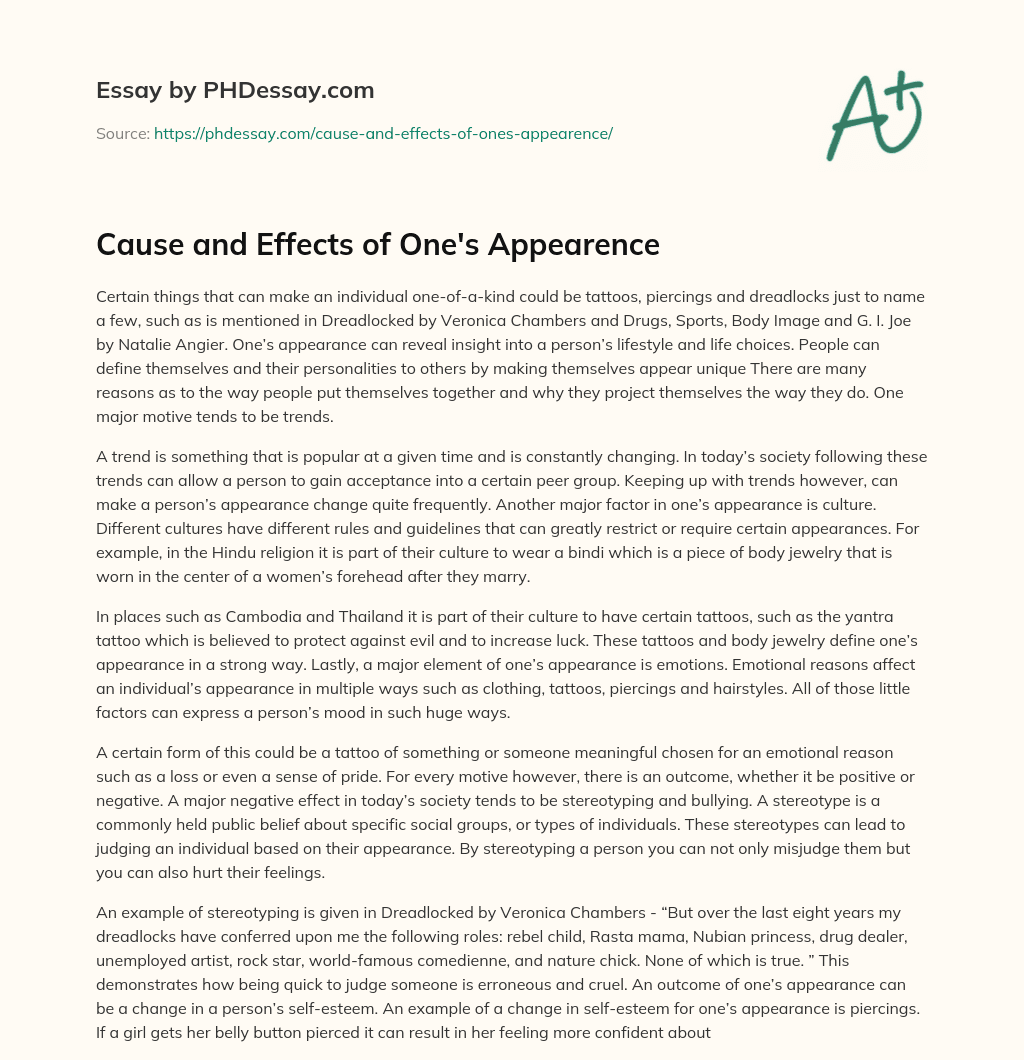 Cause and Effects of One’s Appearence essay