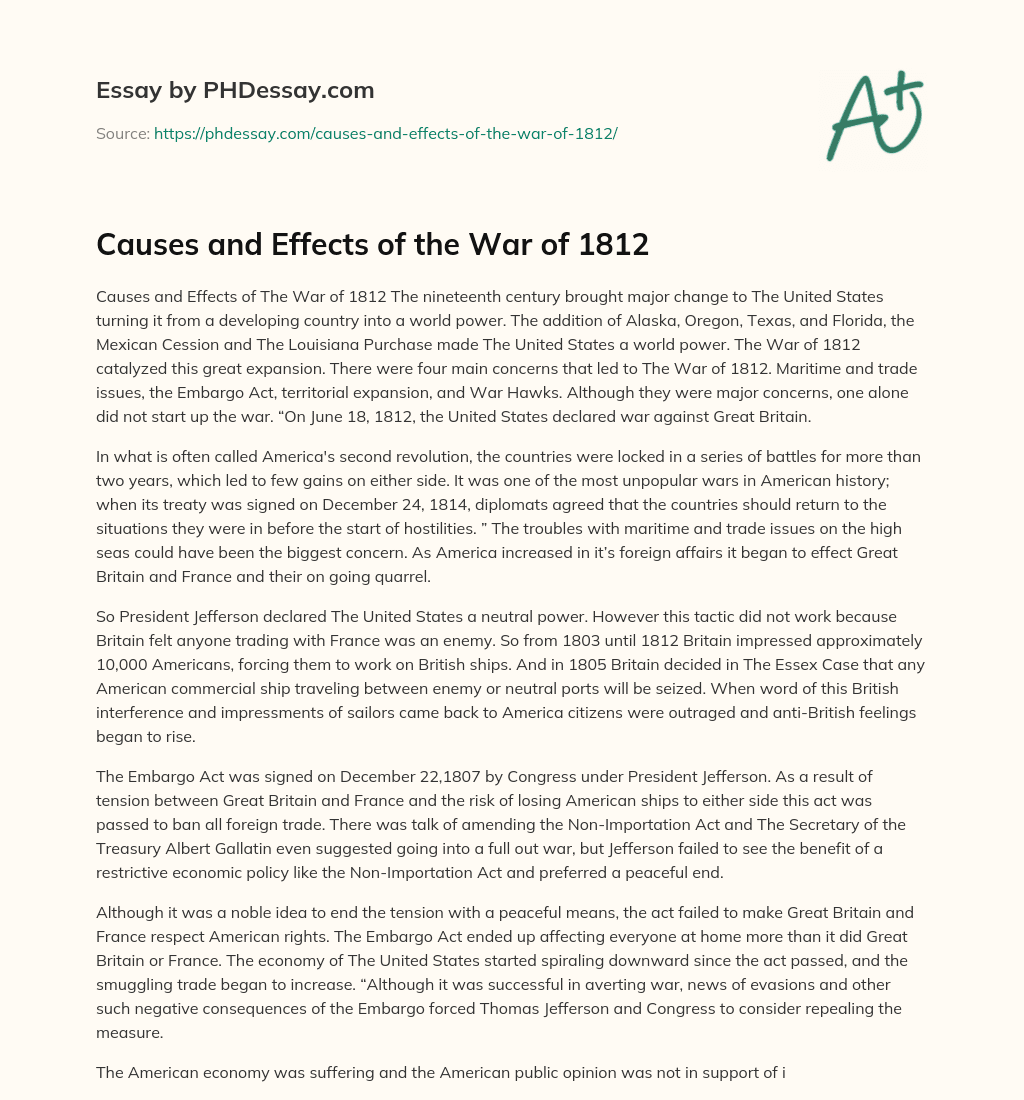 war of 1812 2 page essay