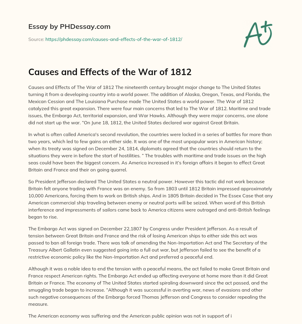 Causes And Effects Of The War Of 1812 PHDessay