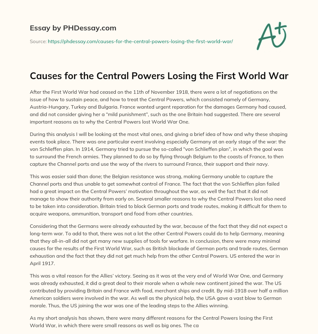 Causes for the Central Powers Losing the First World War essay