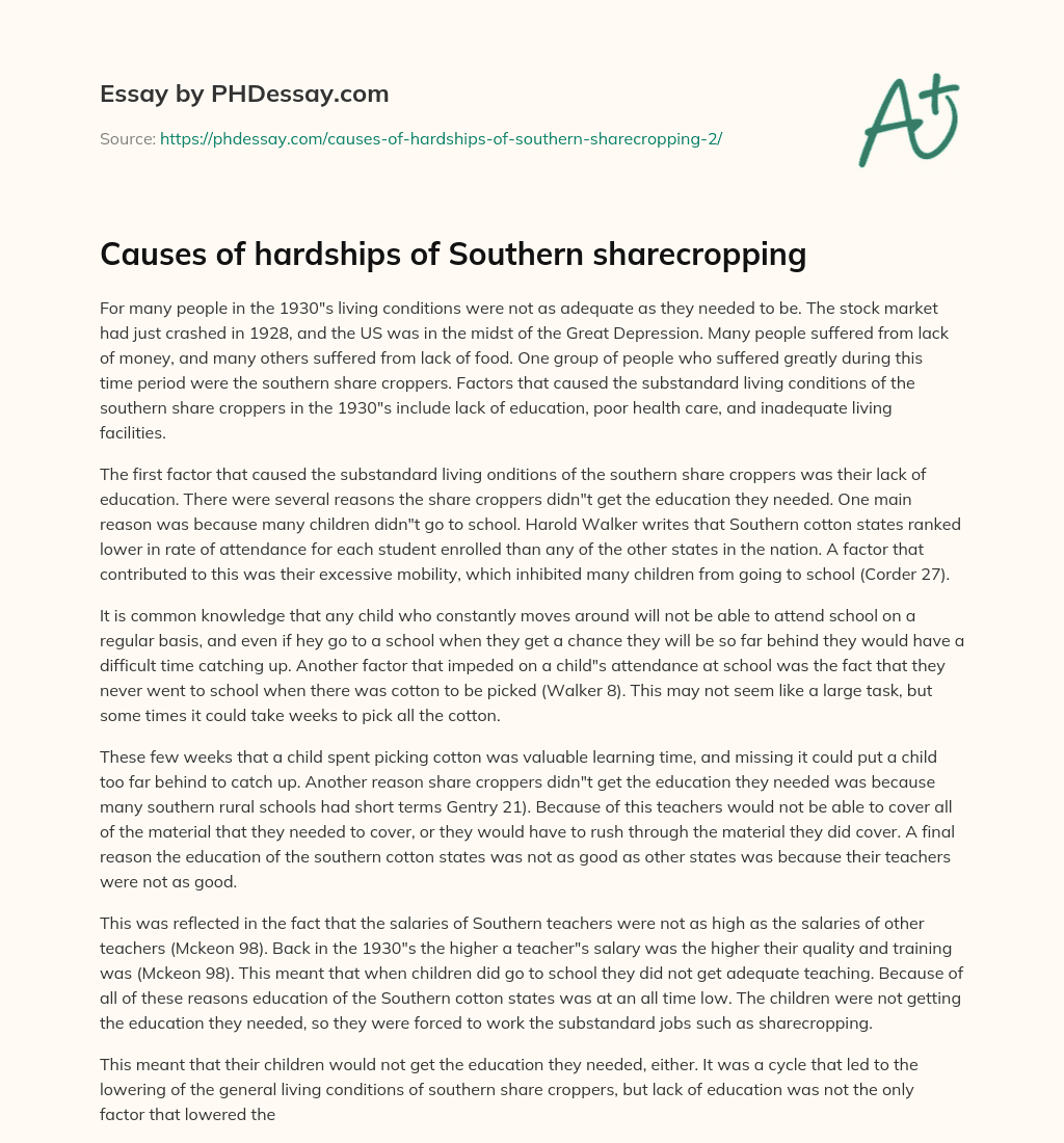 Causes of hardships of Southern sharecropping essay